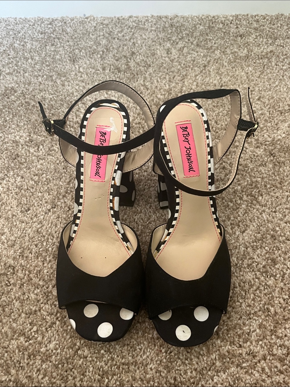 Betsey Johnson Black and White Polka Dot Ankle-Strap Block Heels